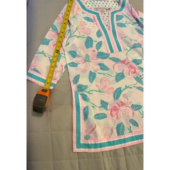 Gretchen Scott Women’s SZ M Tunic Top Pink Green Floral V Neck 3/4 Sleeve Cotton - Picture 5 of 12